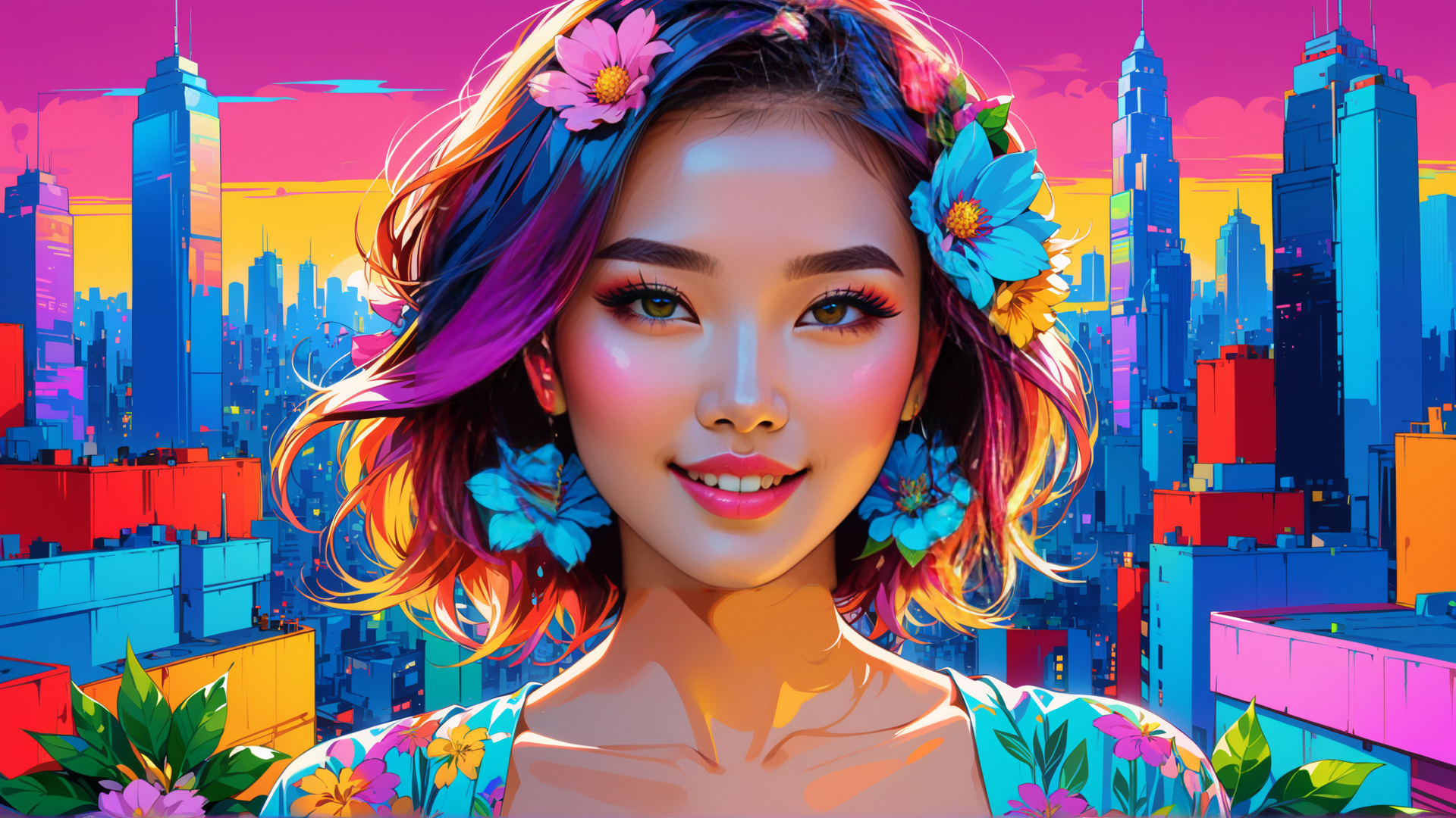 AI generated wallpaper featuring woman, cityscape, flowers
