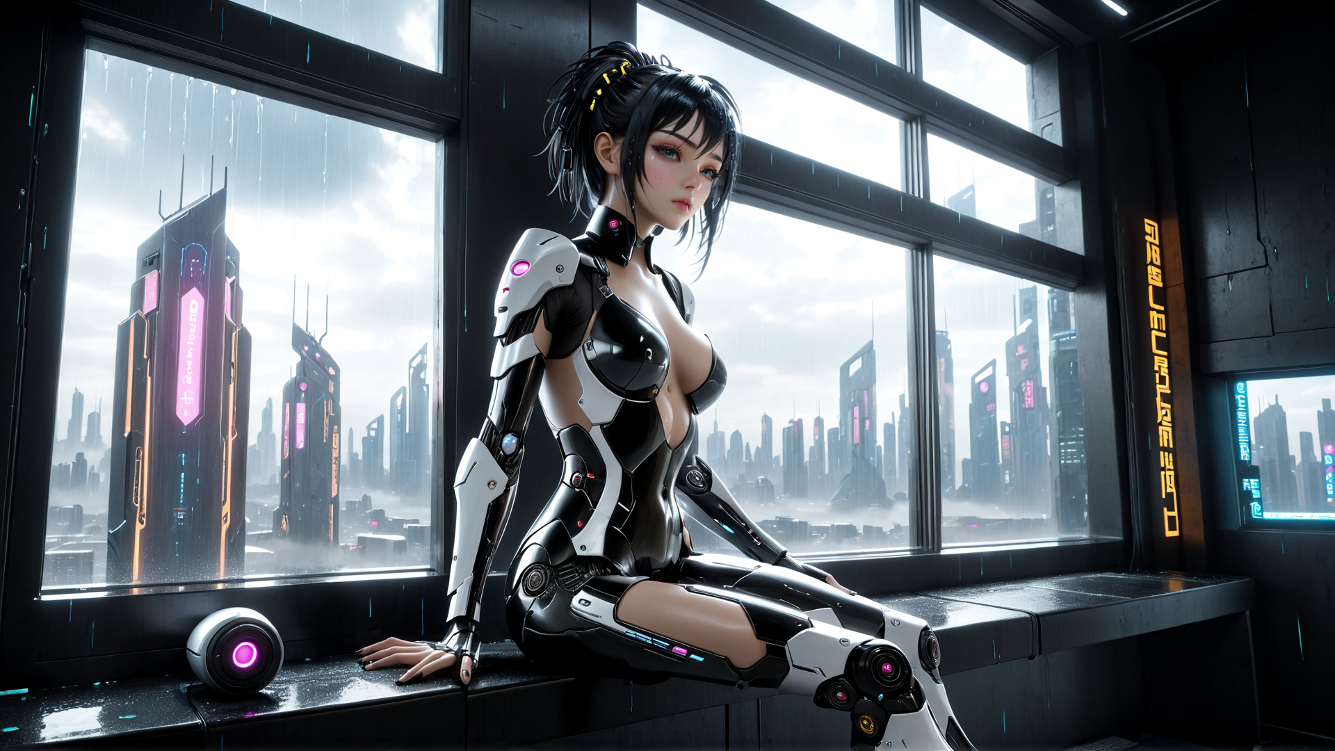 AI generated wallpaper featuring cyborg, girl, cityscape