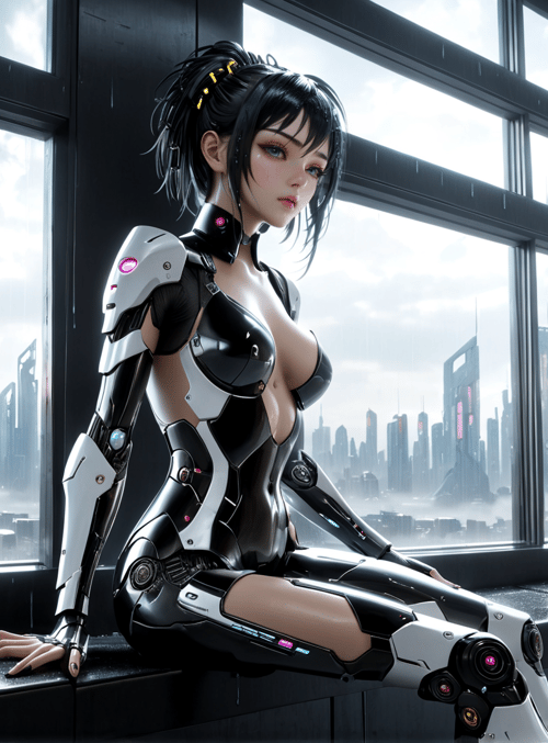 cyborg, girl, cityscape