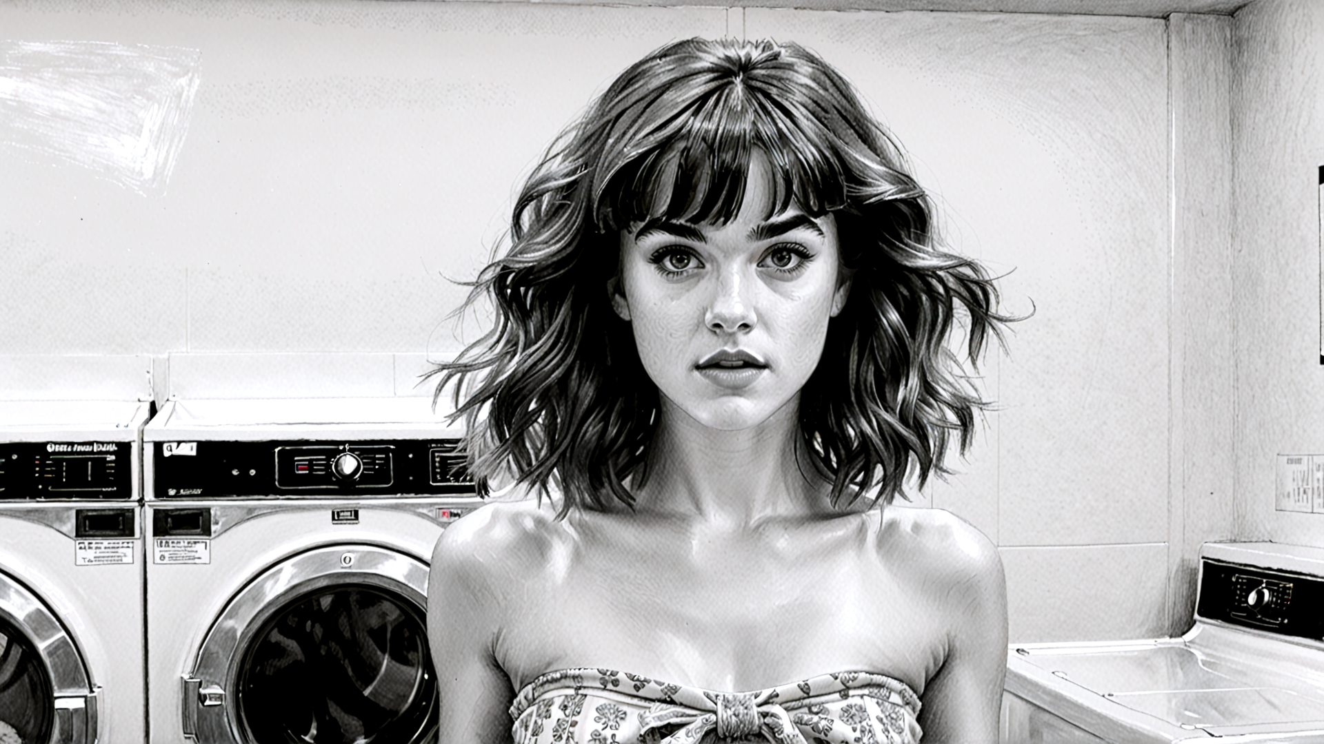 AI generated wallpaper featuring woman, hair, laundry, washing machine, appliance