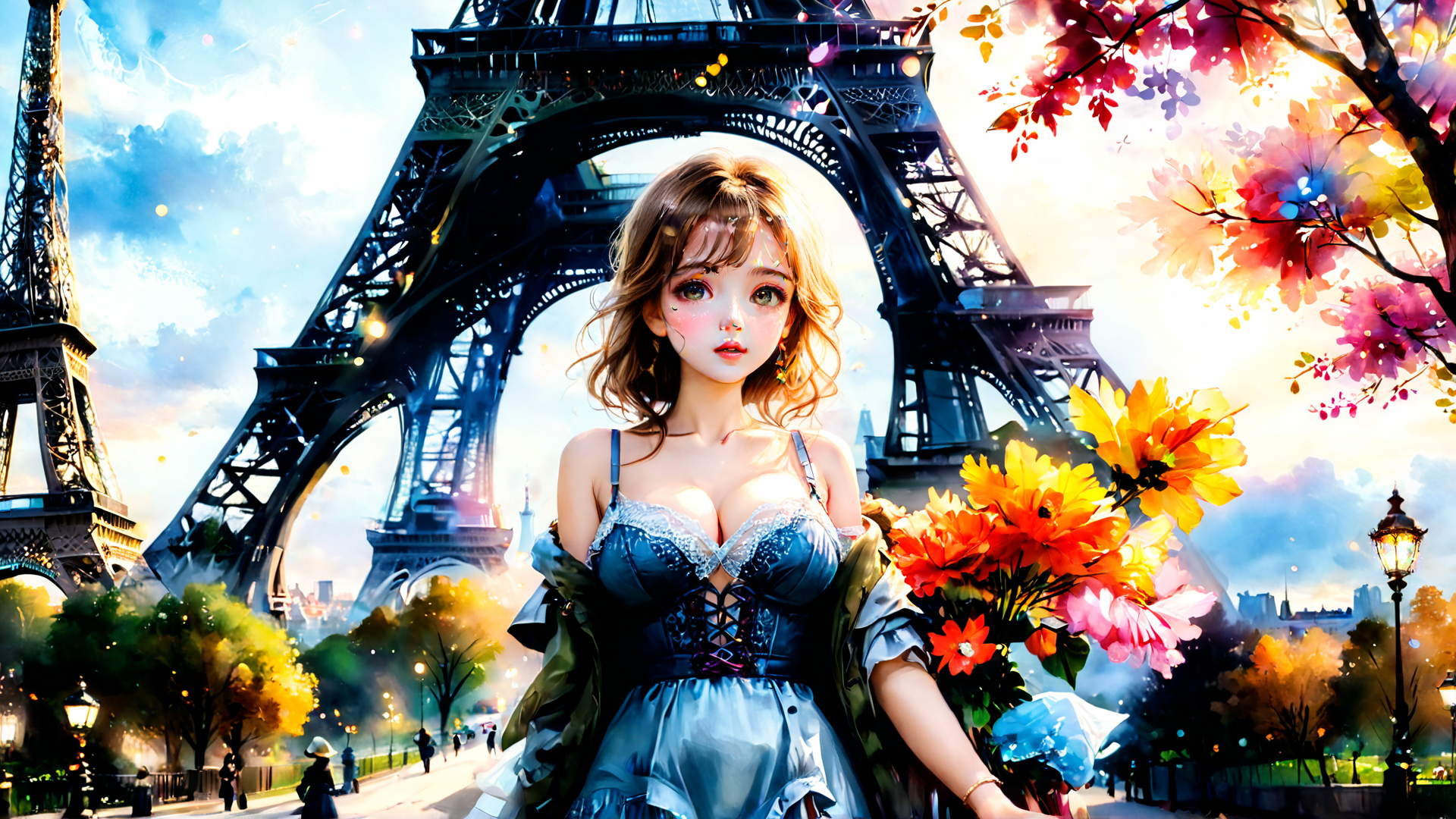 AI generated wallpaper featuring woman, eiffel tower, flowers