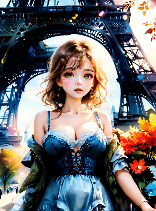 woman, eiffel tower, flowers