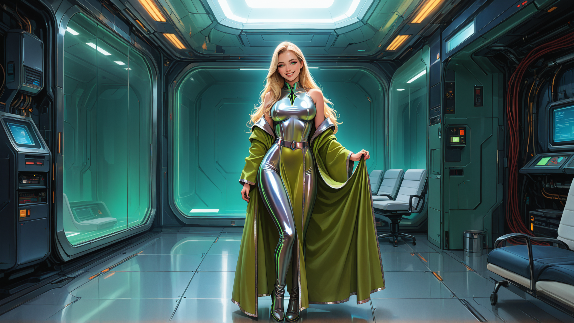 AI generated wallpaper featuring woman, spacesuit, cape, cyberpunk, futuristic