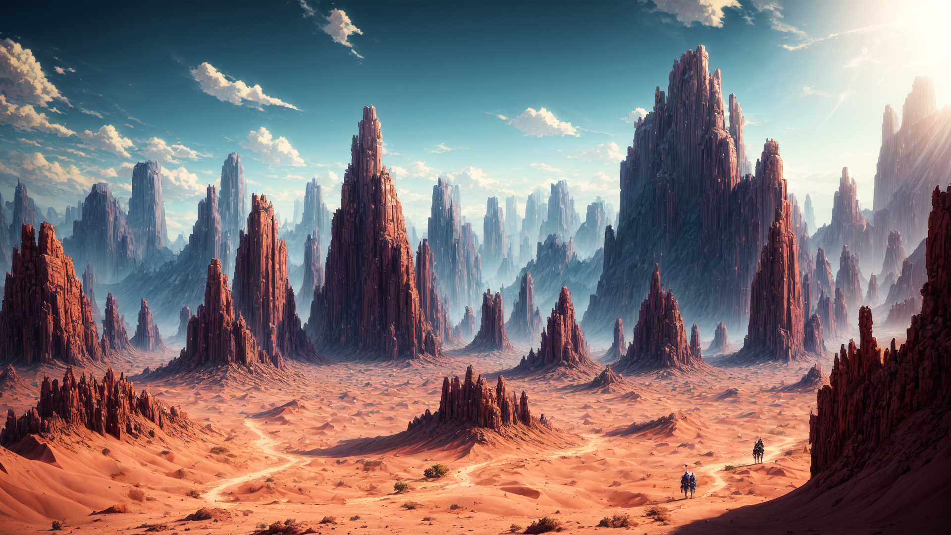 AI generated wallpaper featuring desert, rock formations, people