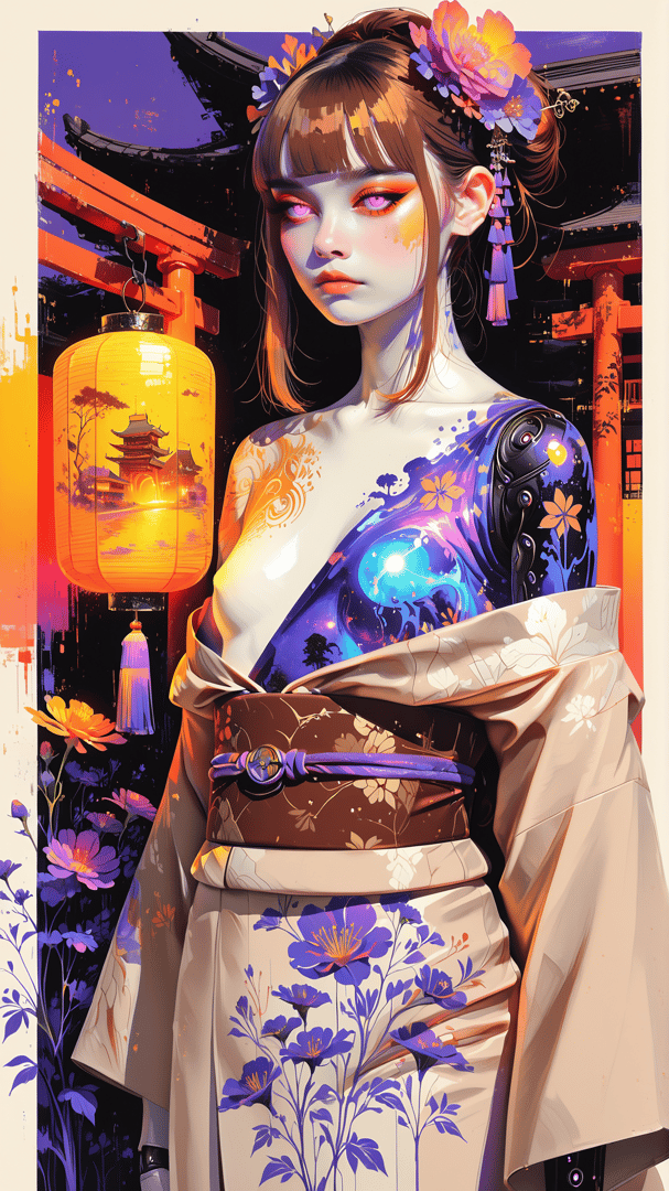 AI generated wallpaper featuring woman, lantern, flowers, kimono, building, mechanical arm