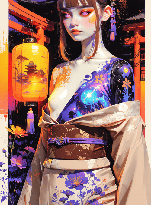 woman, lantern, flowers, kimono, building, mechanical arm