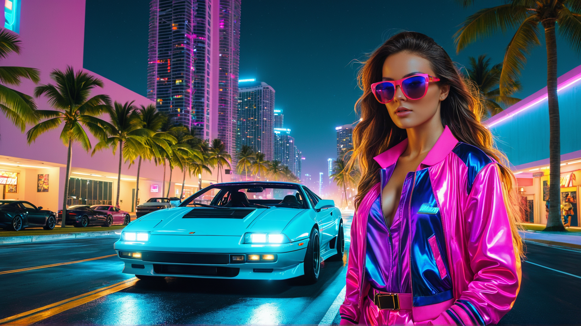 AI generated wallpaper featuring woman, car, city