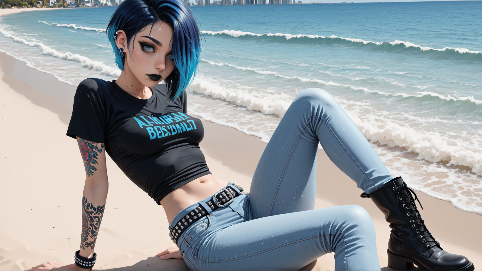 AI generated wallpaper featuring woman, beach, tattoo, jeans, boot, hair, ocean, shirt, belt, sandal