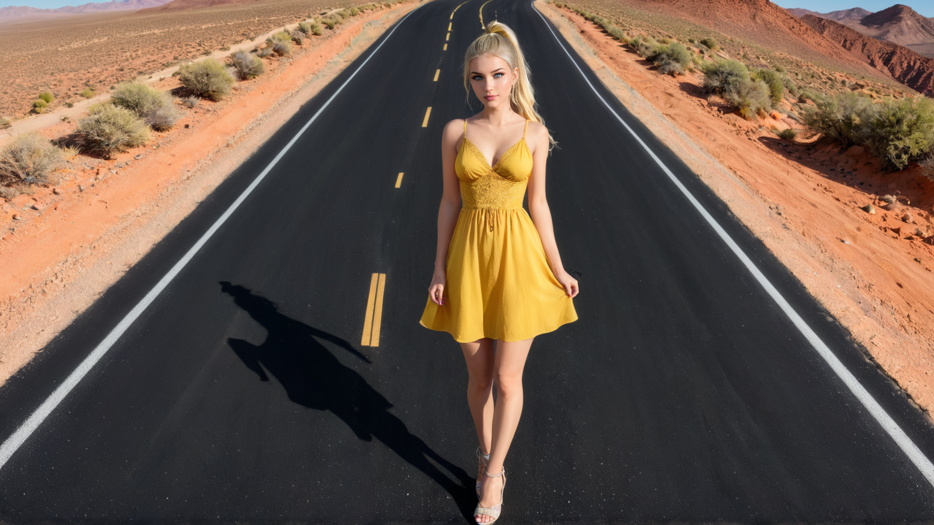 AI generated wallpaper featuring woman, road, desert