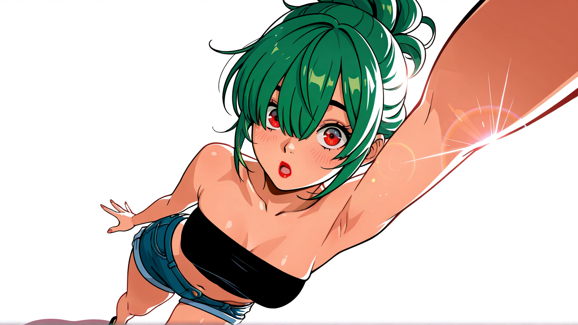 AI generated wallpaper featuring anime girl, green hair, red eyes, swimming, muscle, body, sweat, swimsuit, shorts, top