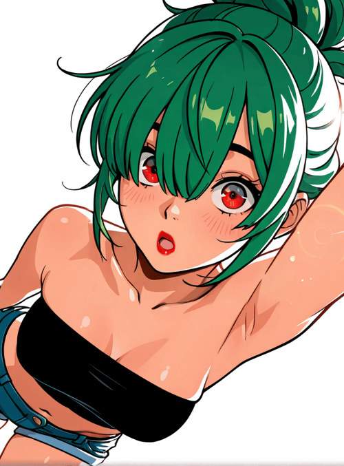 anime girl, green hair, red eyes, swimming, muscle, body, sweat, swimsuit, shorts, top