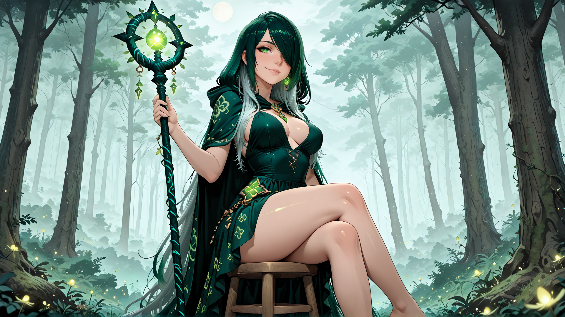 AI generated wallpaper featuring witch, forest, crown, staff, fairy, tree, moonlight, clothing, glowing, fairy