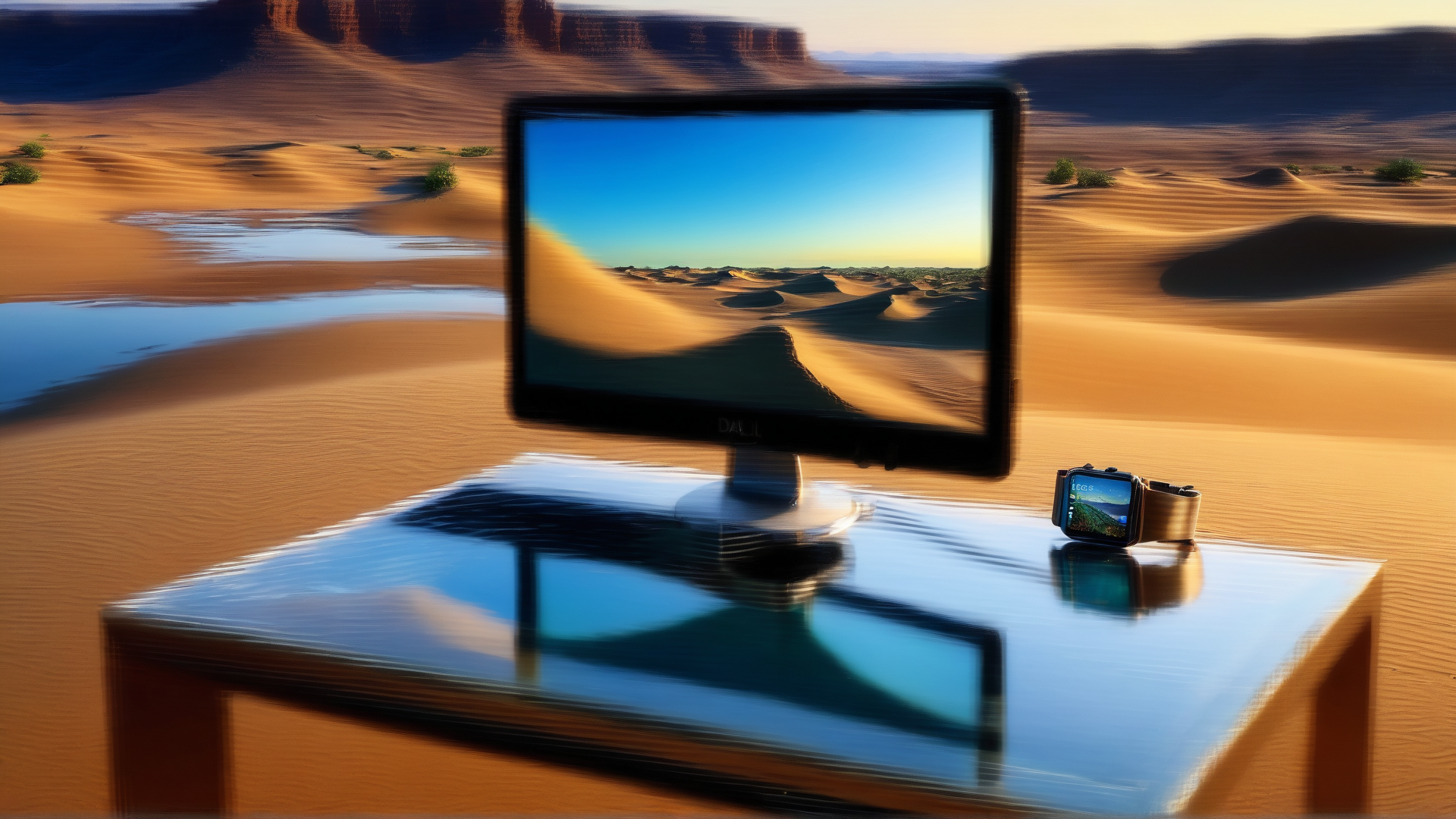 AI generated wallpaper featuring monitor, smartwatch, desert