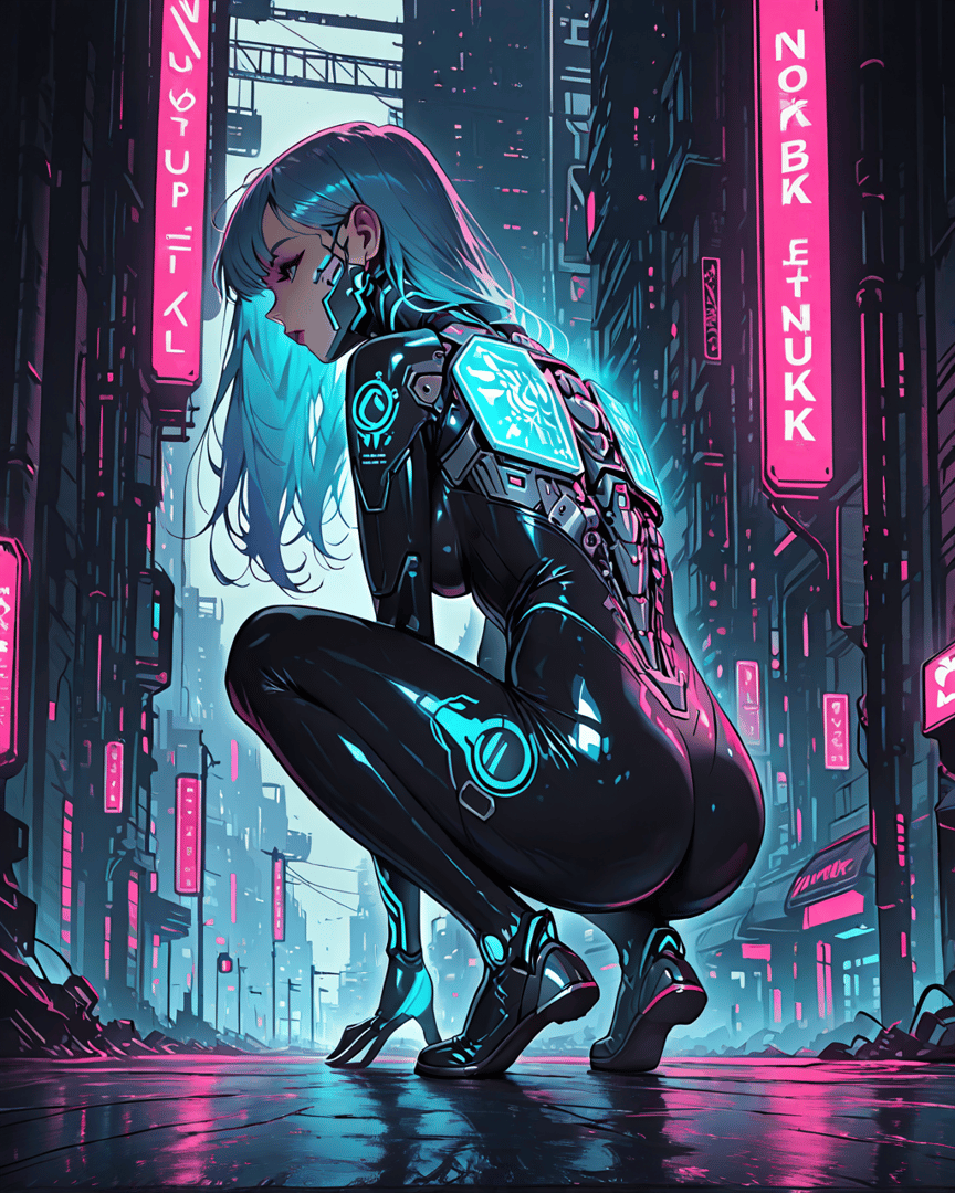AI generated wallpaper featuring cyborg, woman, neon, city, street, tech, futuristic
