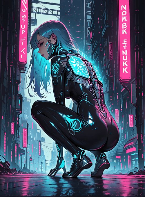 cyborg, woman, neon, city, street, tech, futuristic