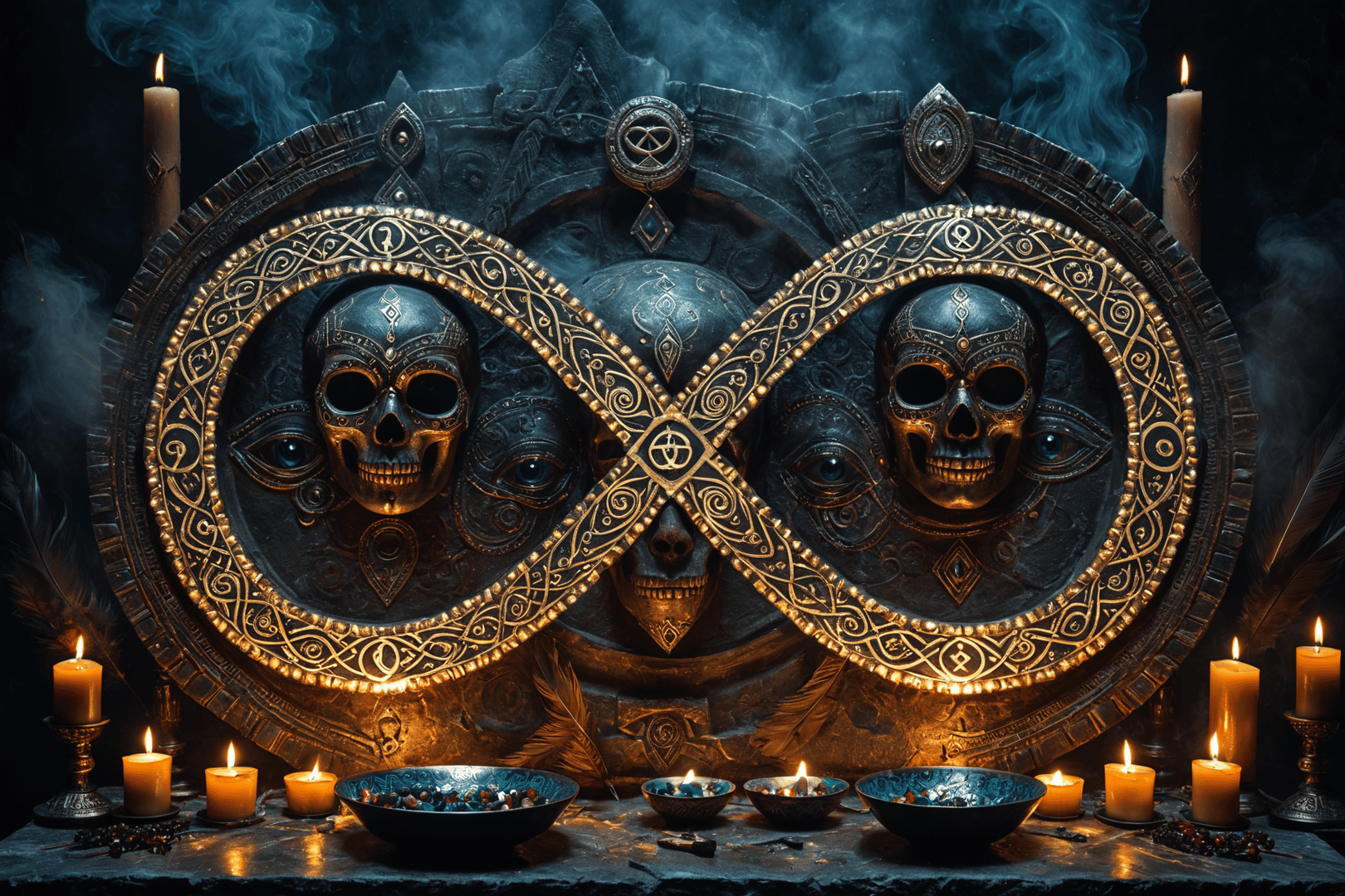 AI generated wallpaper featuring skulls, candles, altar