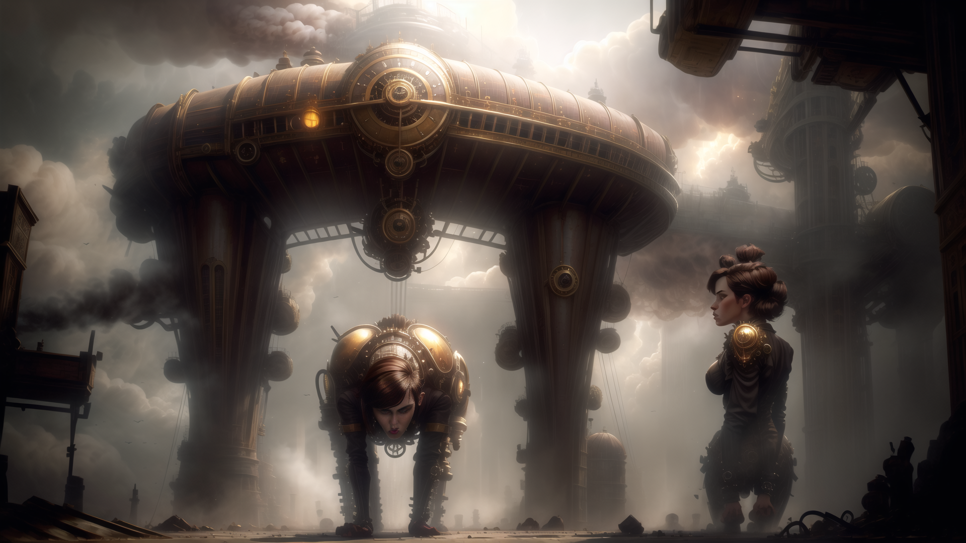 AI generated wallpaper featuring steampunk, mechanical, figure