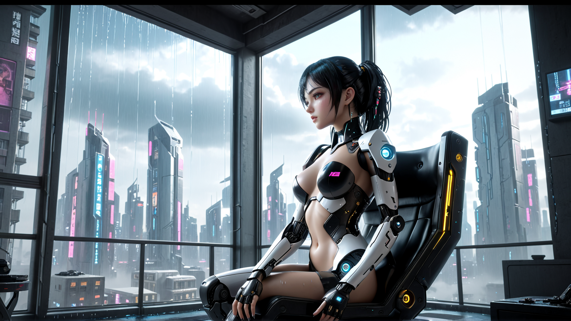 AI generated wallpaper featuring cyborg, woman, cityscape