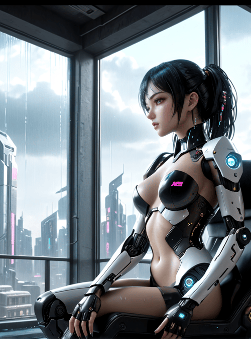 cyborg, woman, cityscape