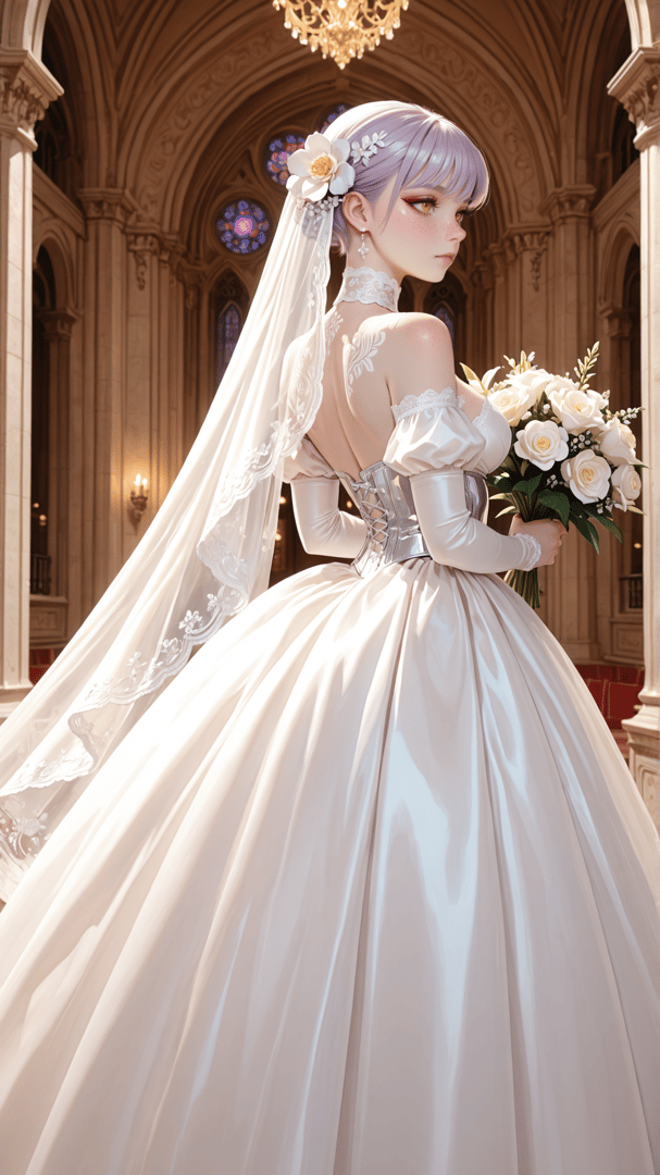 AI generated wallpaper featuring bride, veil, wedding dress, bouquet, church, flowers, gown, chandelier, stained glass, lamps