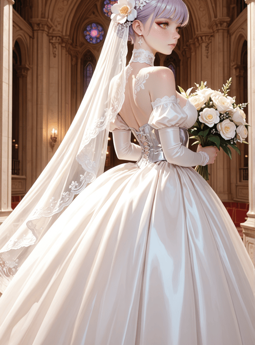 bride, veil, wedding dress, bouquet, church, flowers, gown, chandelier, stained glass, lamps