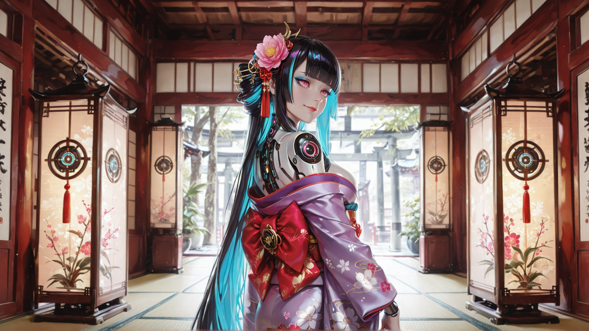 AI generated wallpaper featuring anime girl, mechanical arm, kimono, traditional building