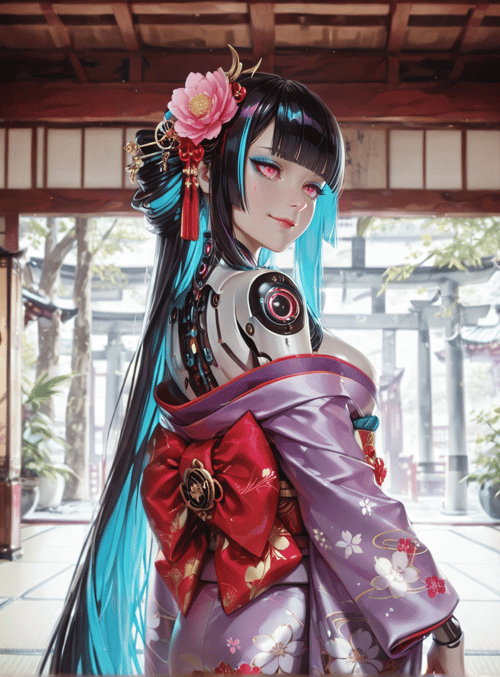 anime girl, mechanical arm, kimono, traditional building