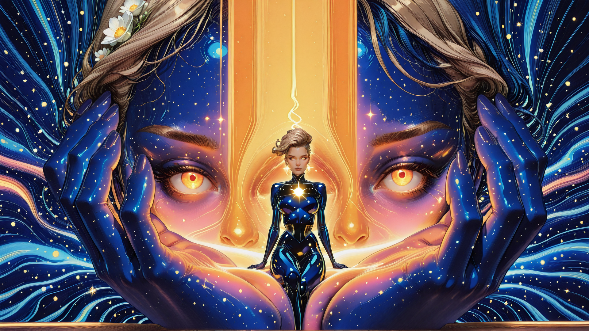 AI generated wallpaper featuring eyes, hands, woman, stars, galaxy, figure, cosmic, floral, futuristic, light