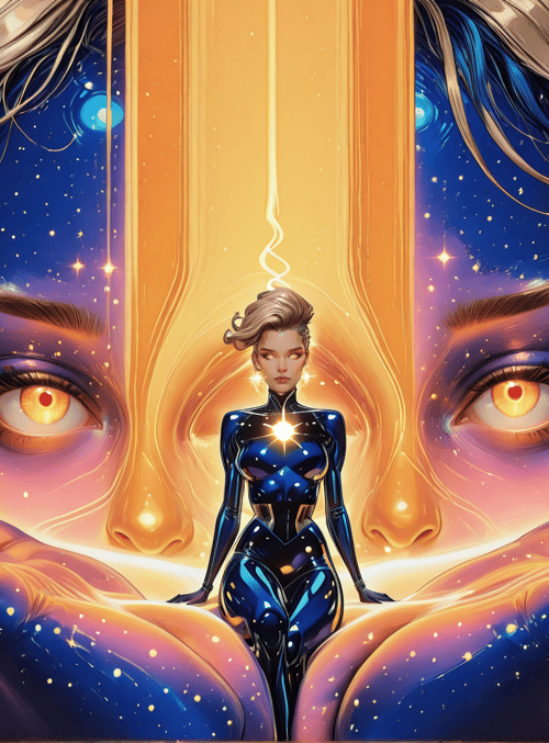 eyes, hands, woman, stars, galaxy, figure, cosmic, floral, futuristic, light