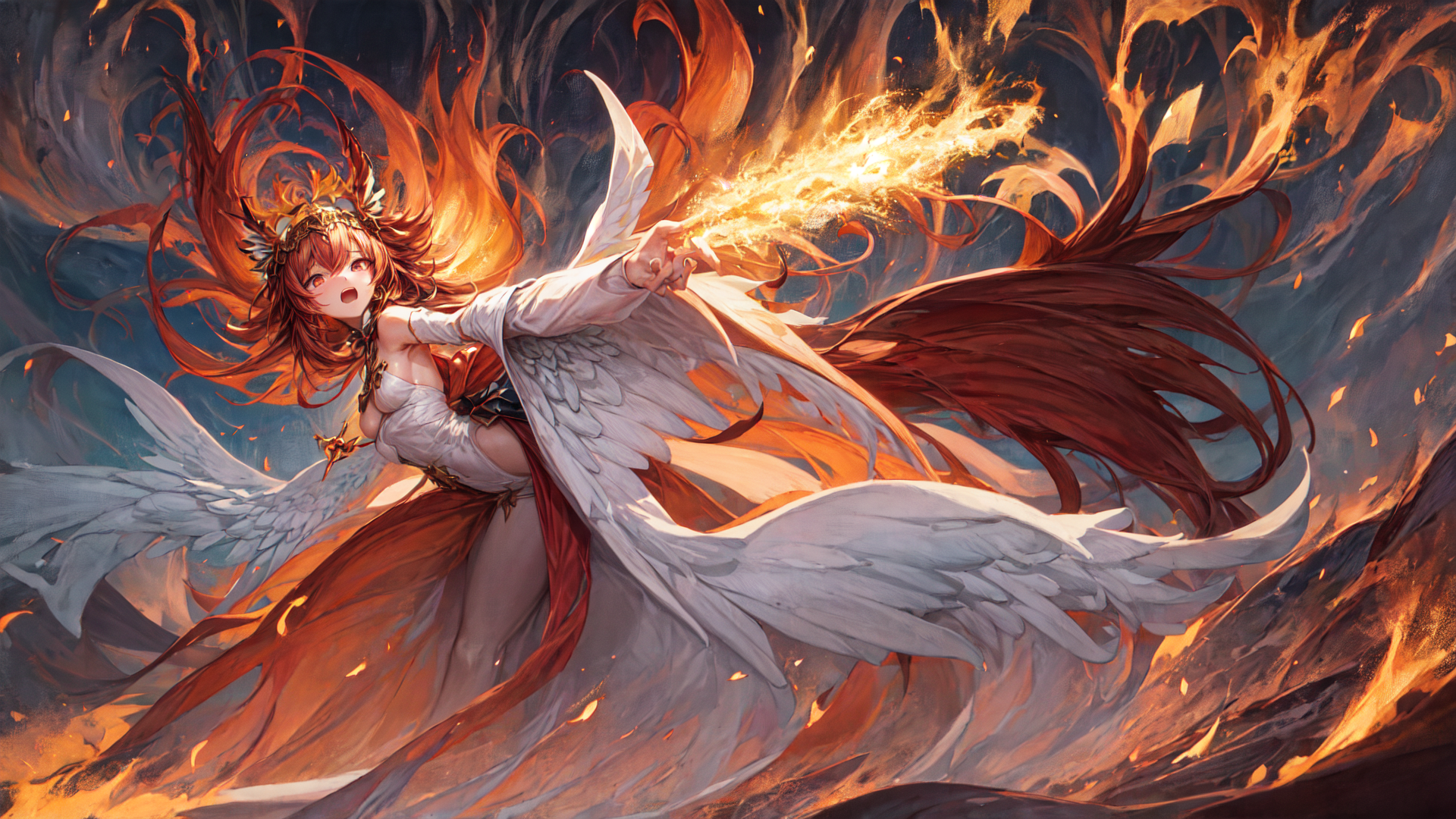 AI generated wallpaper featuring angel, fire, girl
