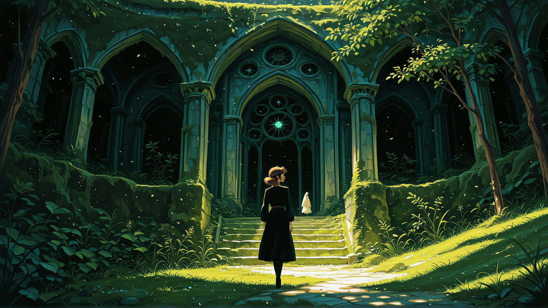 AI generated wallpaper featuring girl, archway, nature, stone, steps, ghost, trees, moss, light, staircase