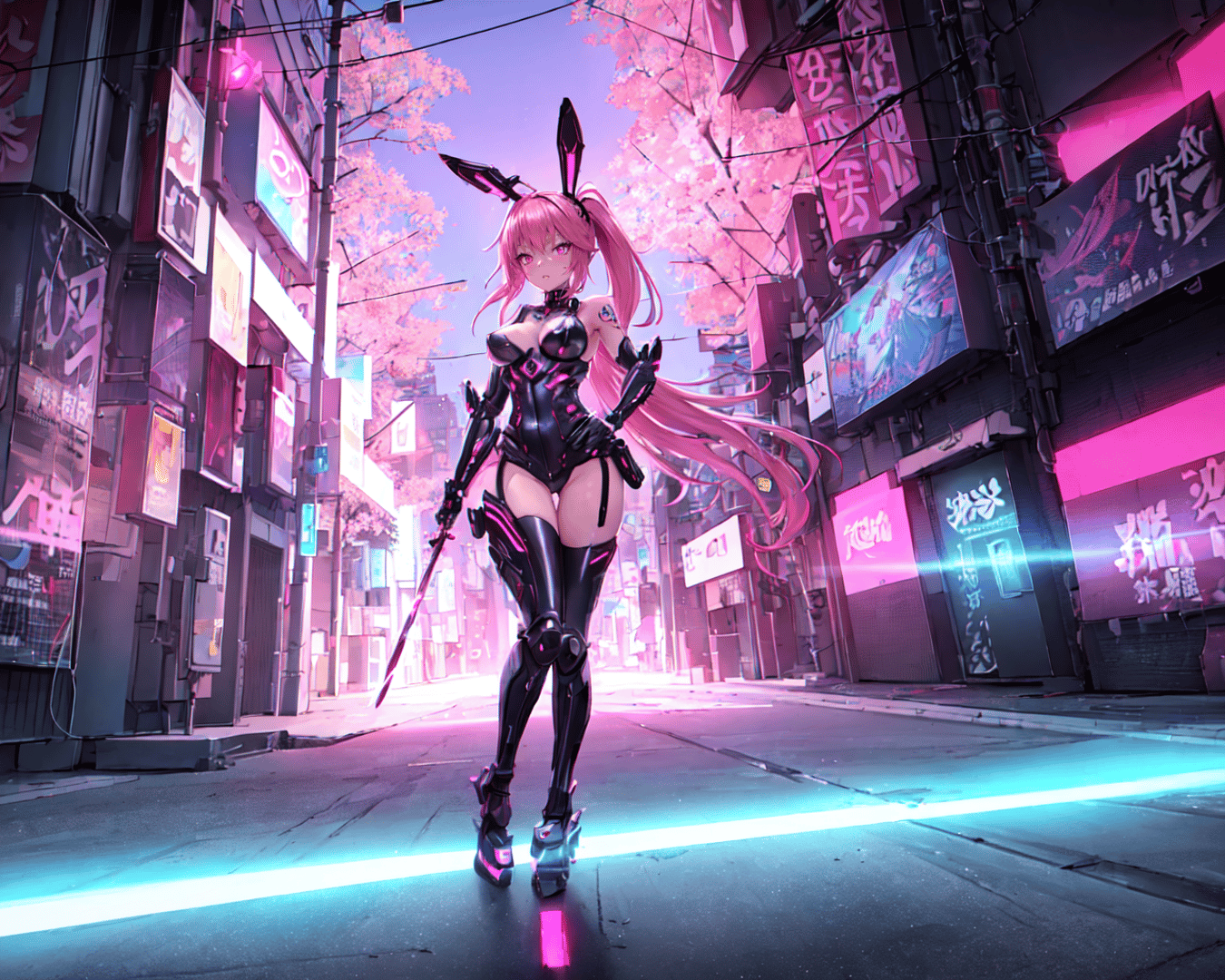 AI generated wallpaper featuring girl, rabbit ears, sword