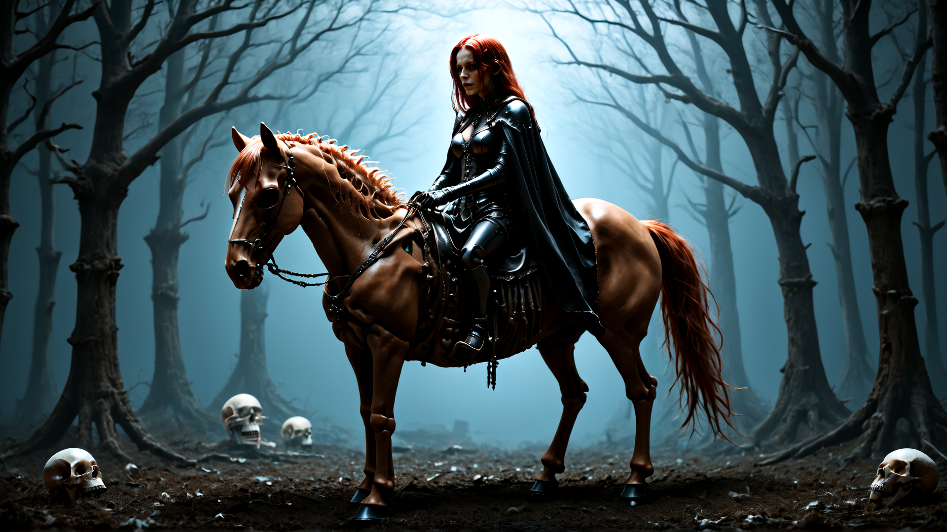 AI generated wallpaper featuring woman, horse, skull, trees