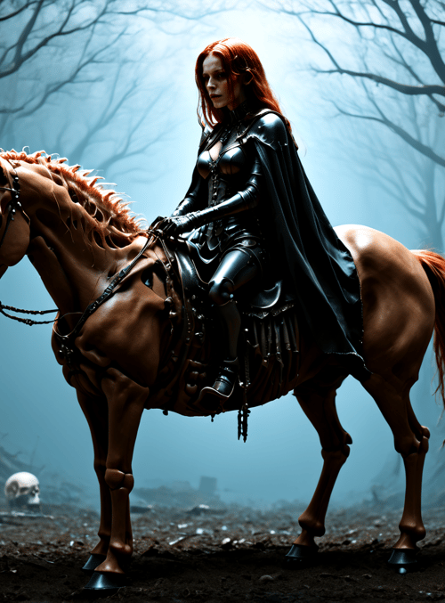 woman, horse, skull, trees