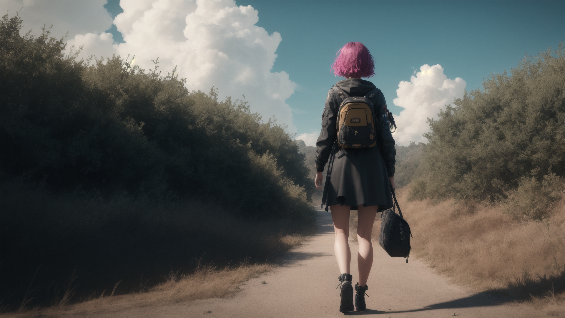 AI generated wallpaper featuring person, backpack, path