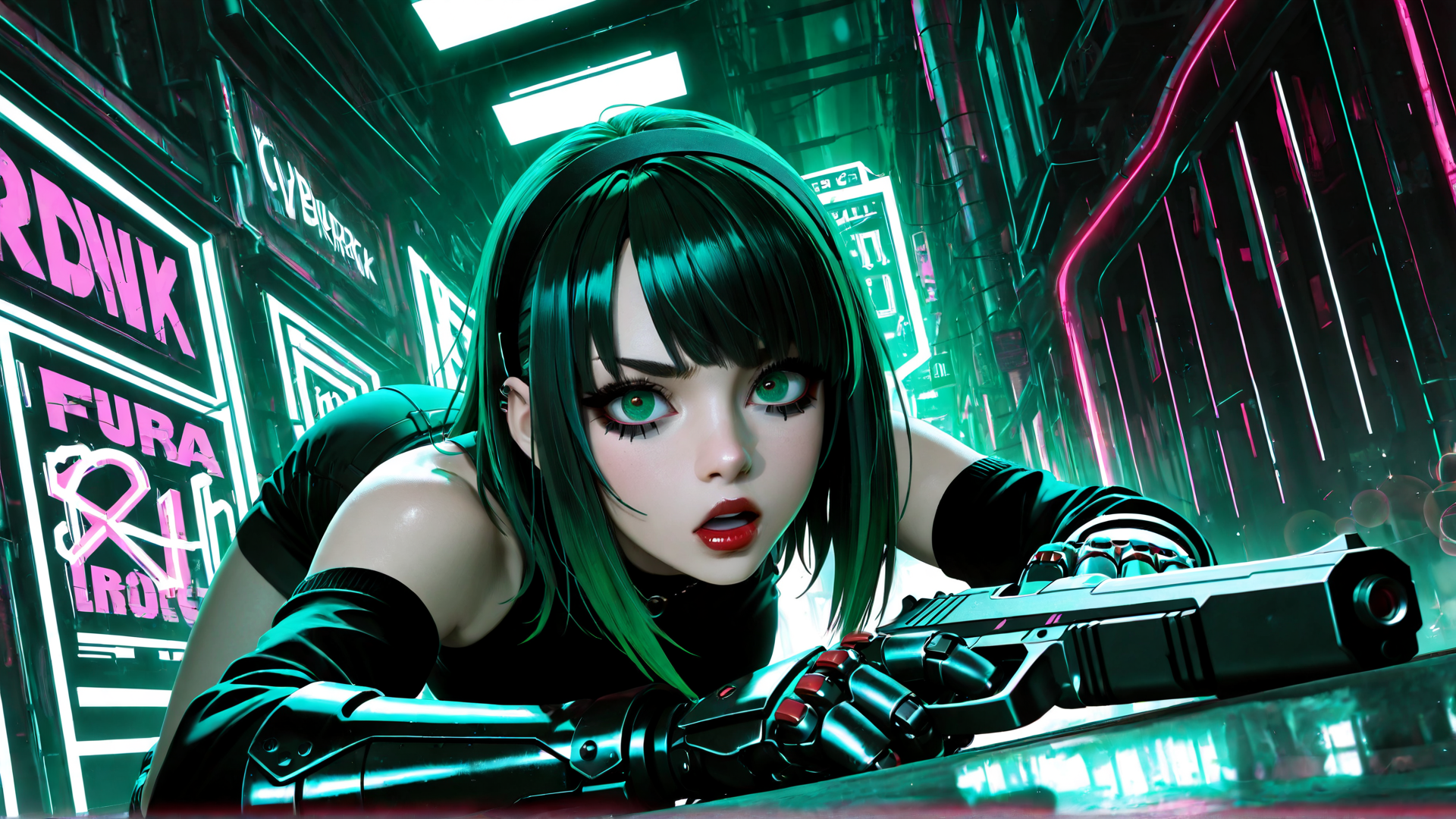 AI generated wallpaper featuring cyberpunk girl, neon sign, futuristic gun, robotic arm, urban alley