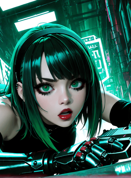 cyberpunk girl, neon sign, futuristic gun, robotic arm, urban alley