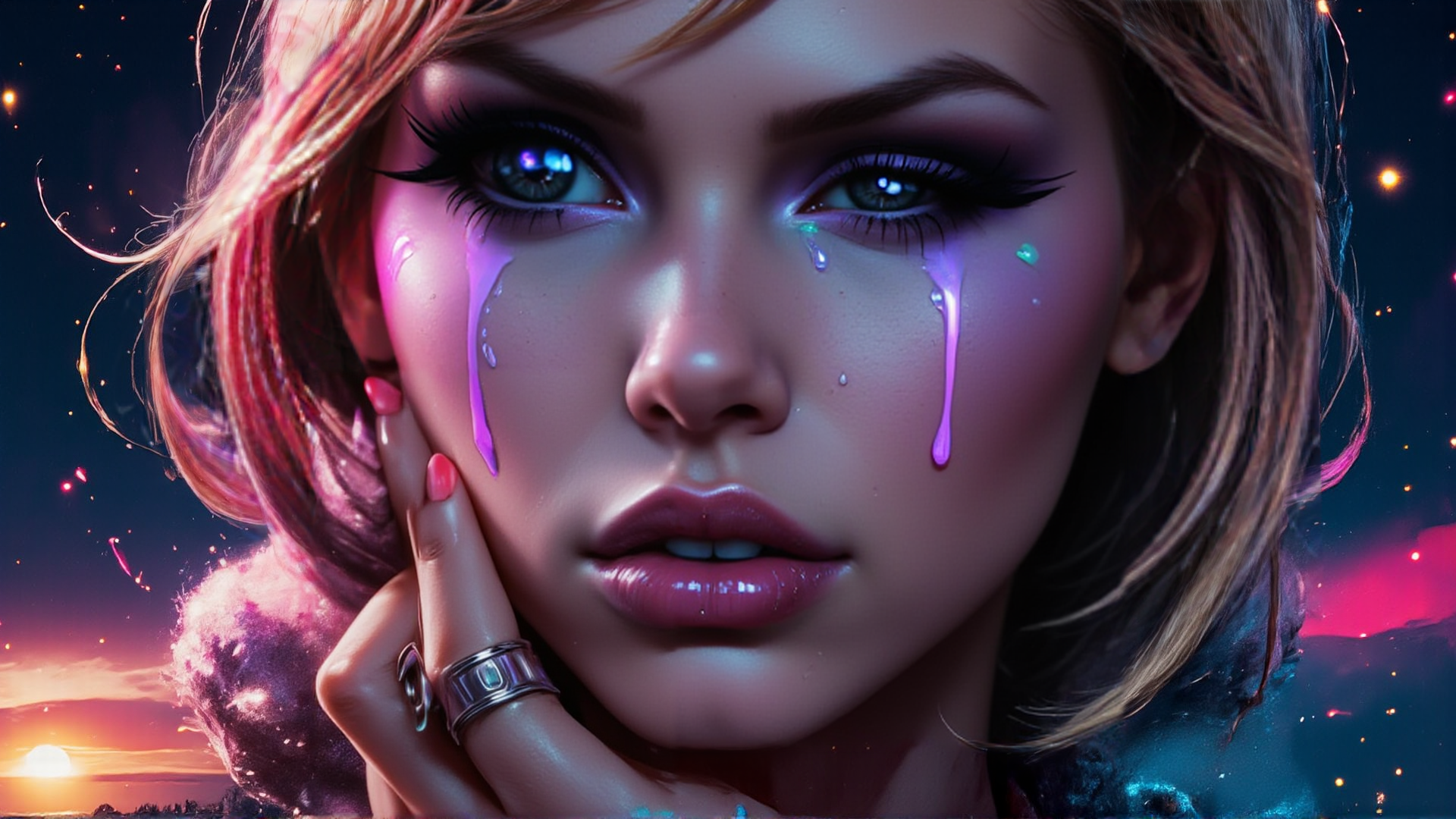 AI generated wallpaper featuring woman, tears, sun