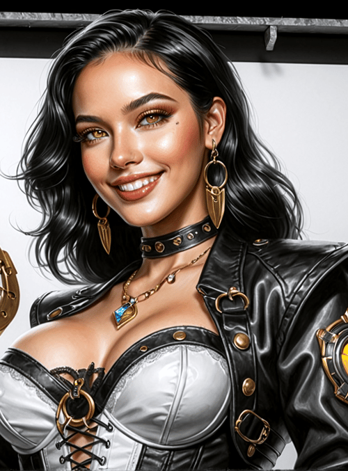 woman, gadget, leather, clock, jewelry, armor, ring, earring, choker, corset