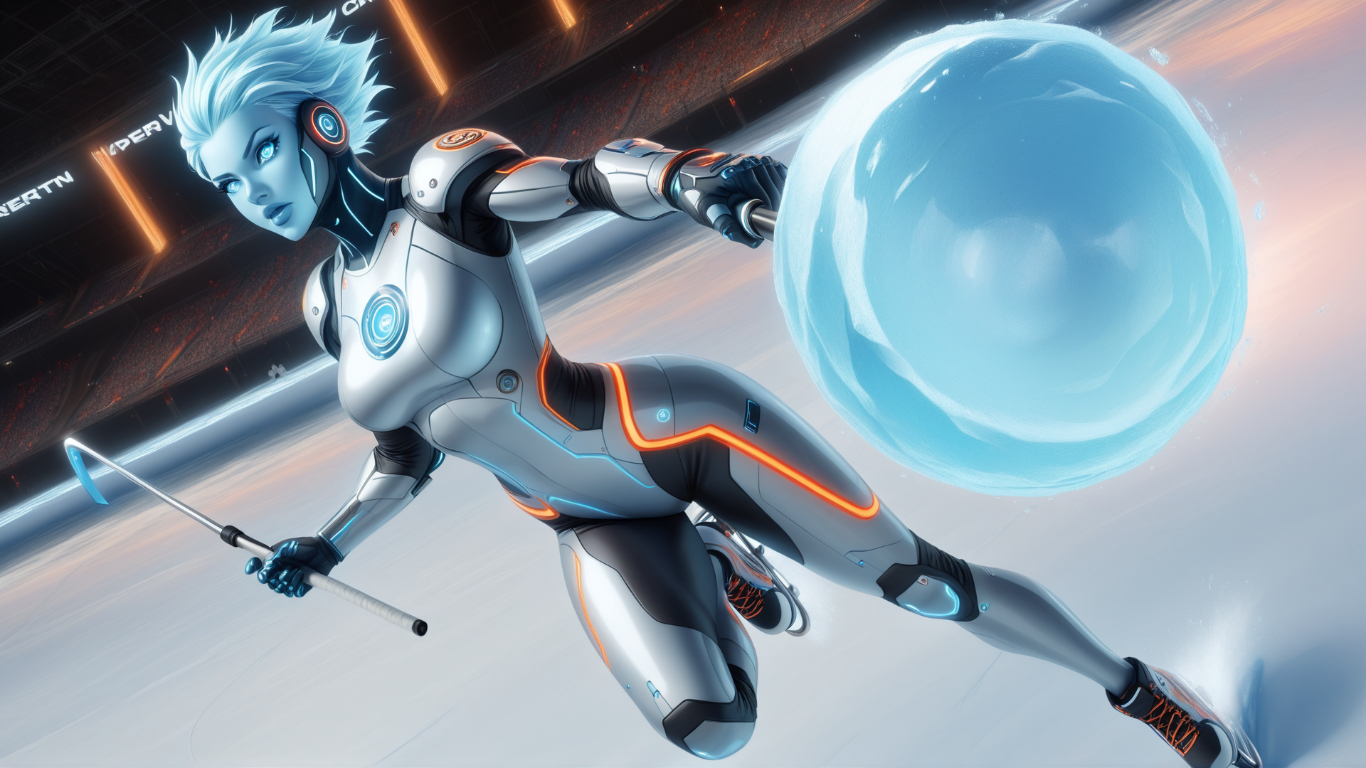 AI generated wallpaper featuring cyborg, athlete, robot, spear, globe, futuristic, figure, hockey, wielder, armor