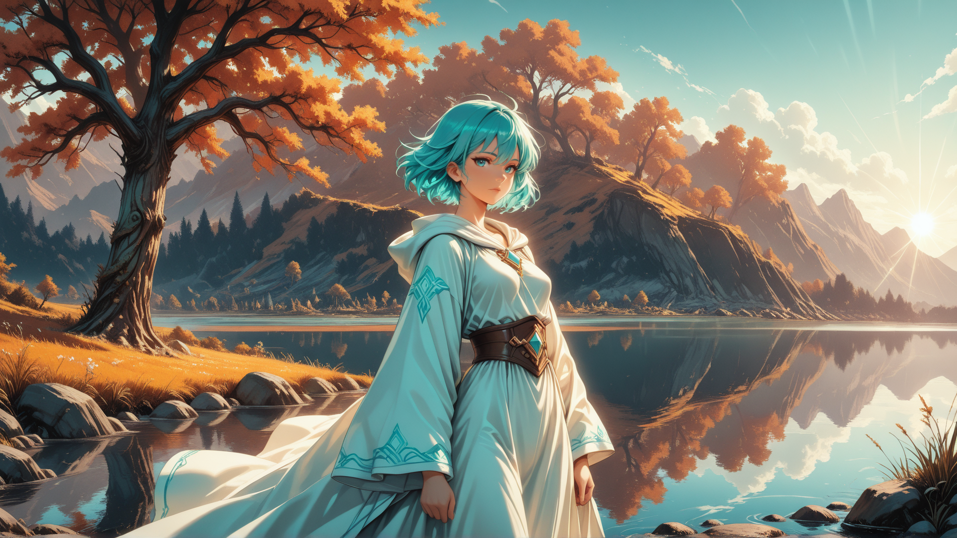 AI generated wallpaper featuring girl, tree, lake, mountain, sun, river, grass, rock, cloud, dress