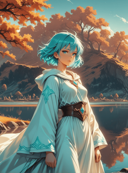 girl, tree, lake, mountain, sun, river, grass, rock, cloud, dress