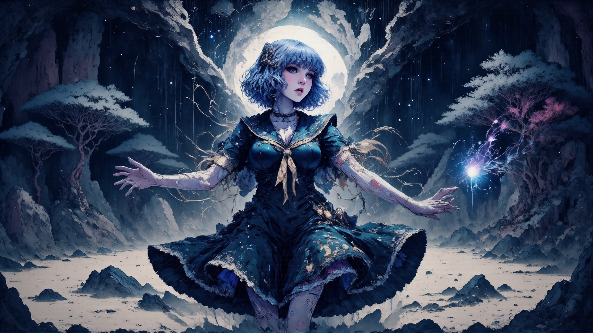 AI generated wallpaper featuring woman, moon, trees