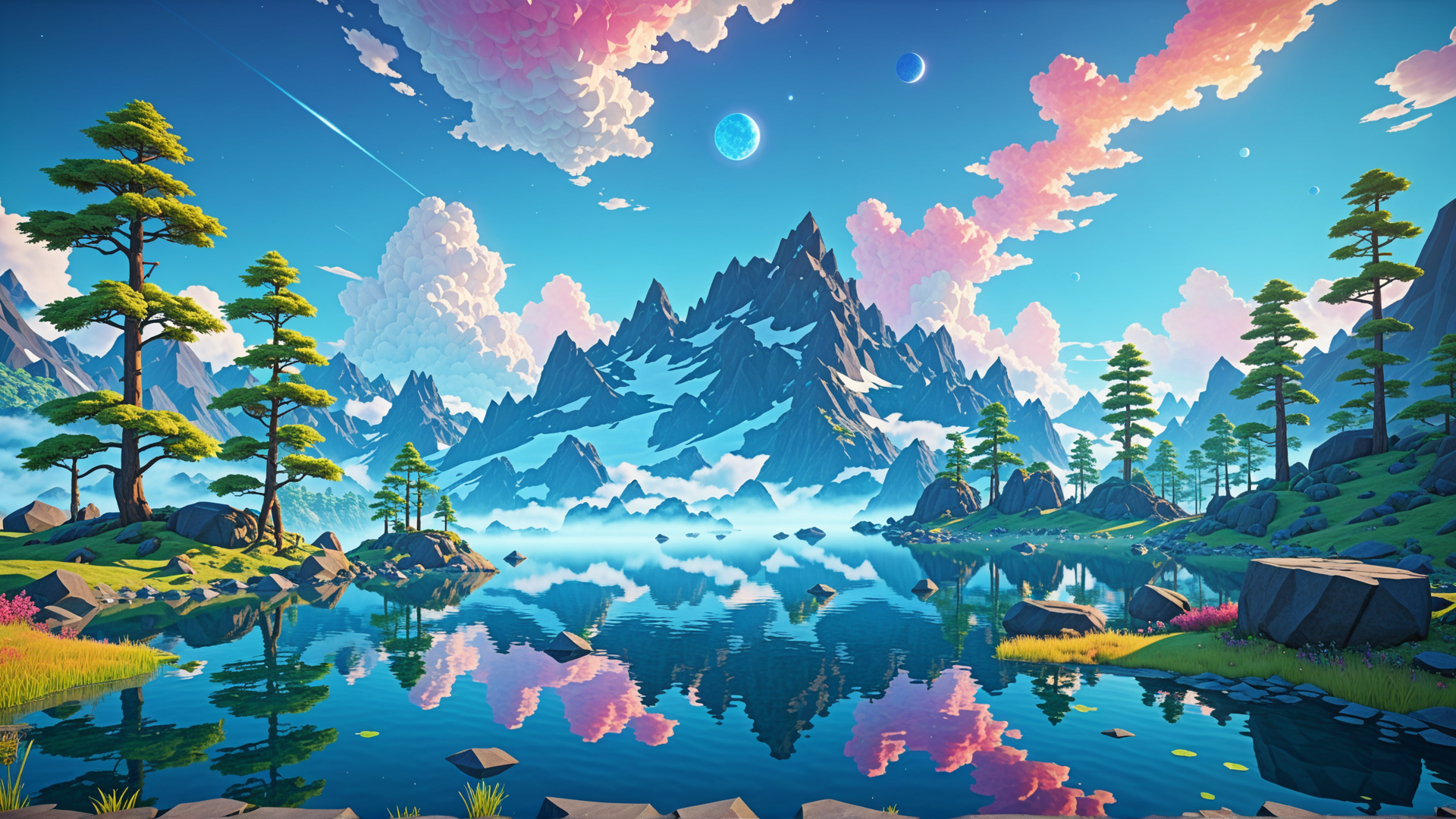 AI generated wallpaper featuring mountains, lake, trees