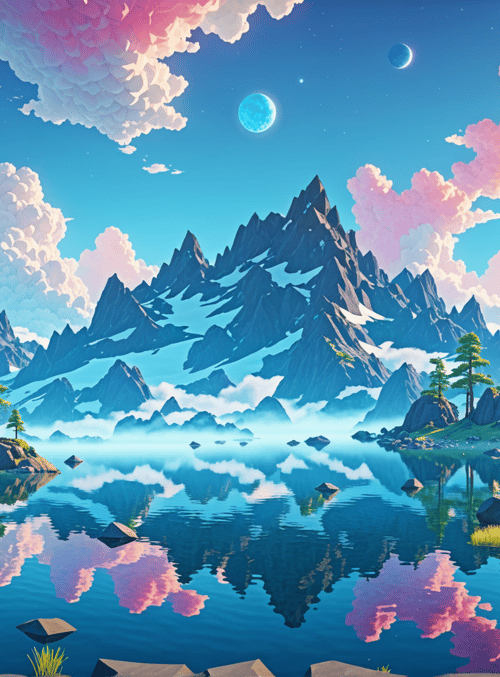 mountains, lake, trees
