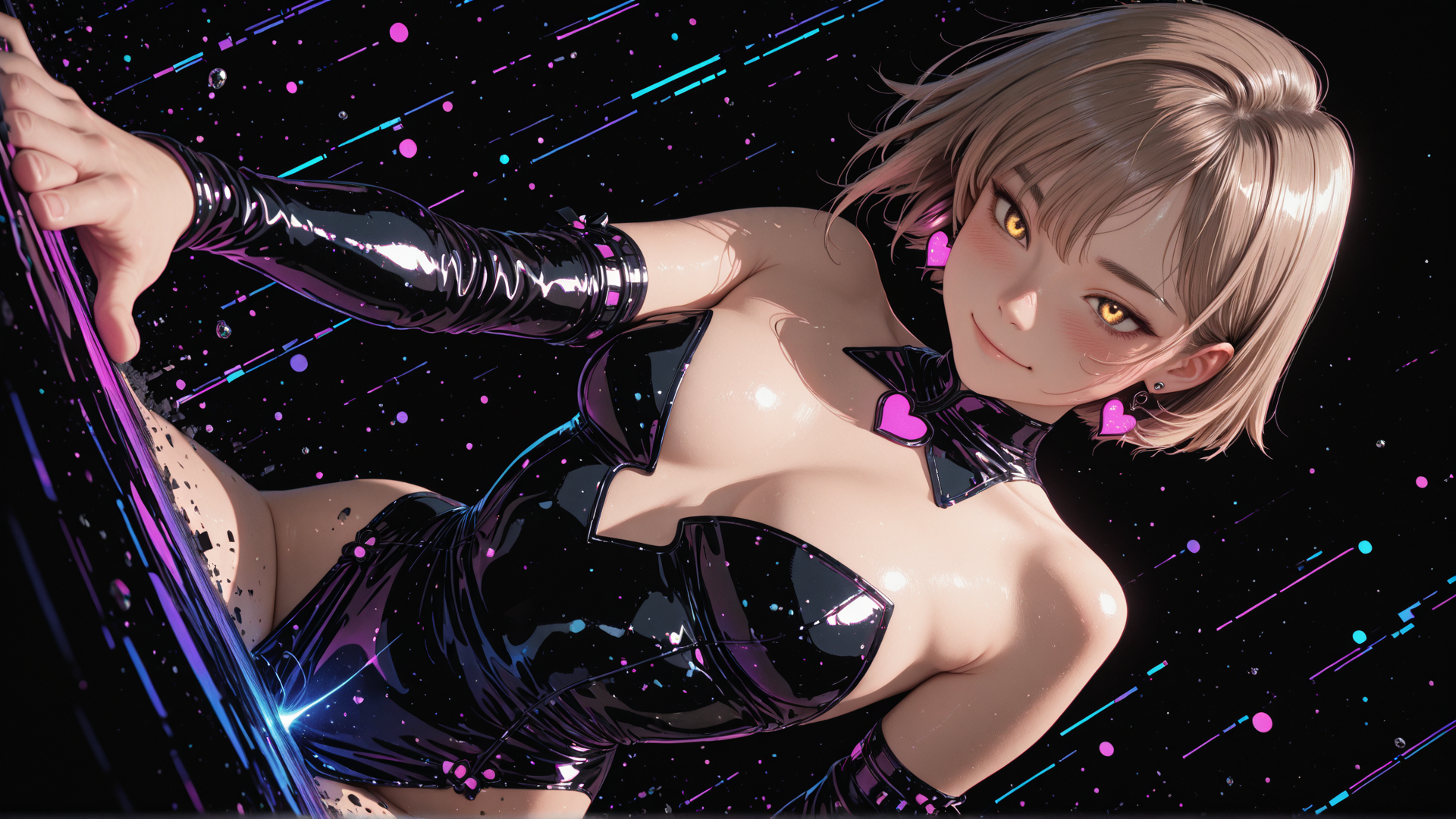 AI generated wallpaper featuring woman, gloves, necklace, earrings, dress, background