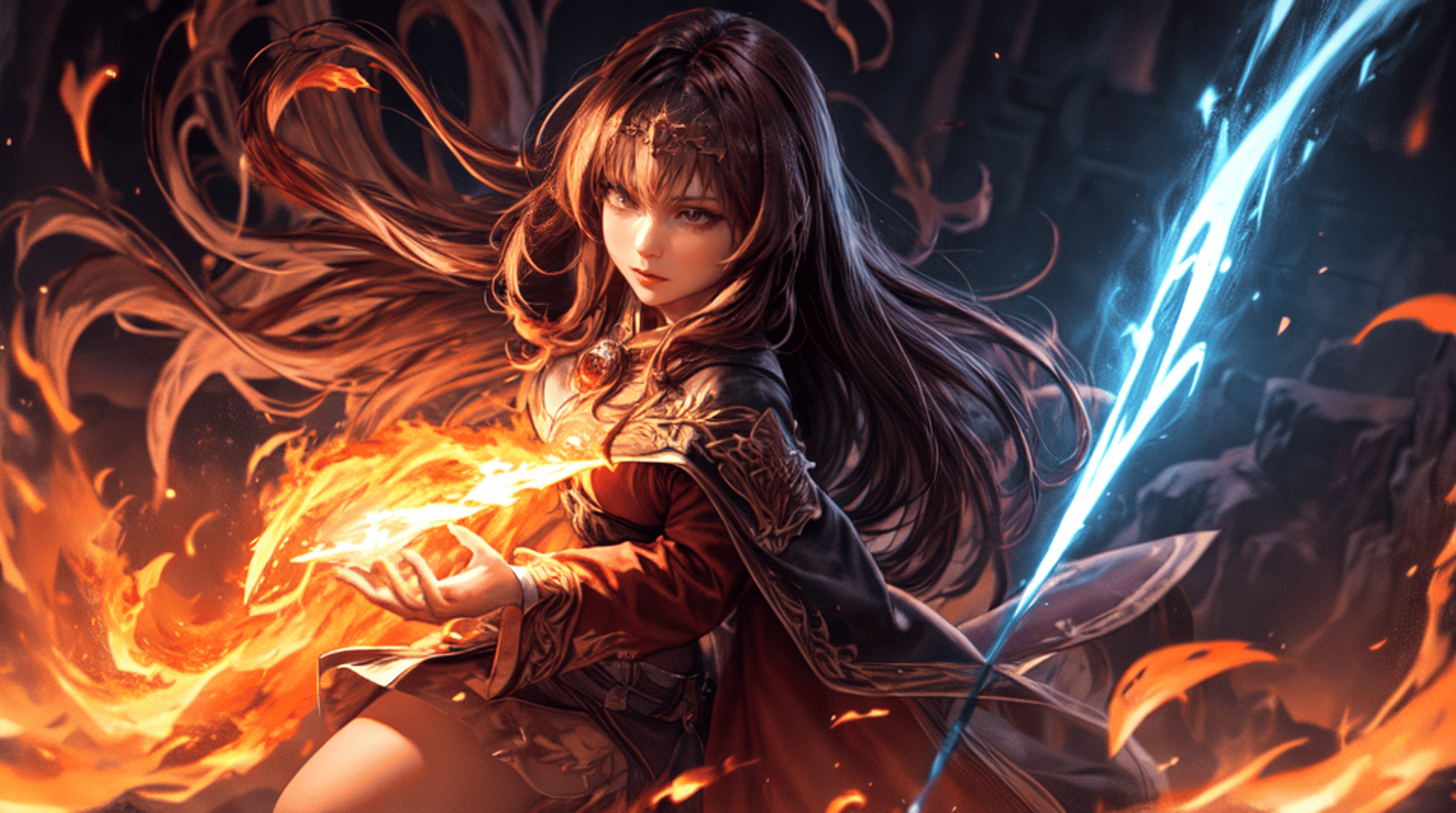 AI generated wallpaper featuring woman, mage, fire