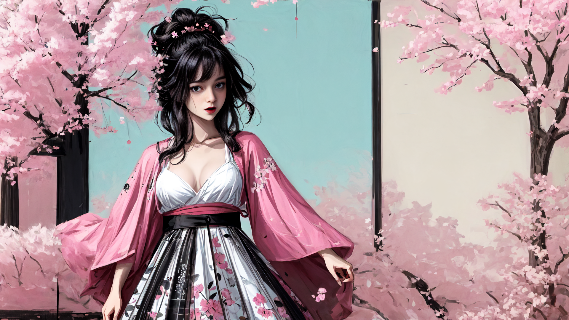 AI generated wallpaper featuring woman, cherry blossom, kimono