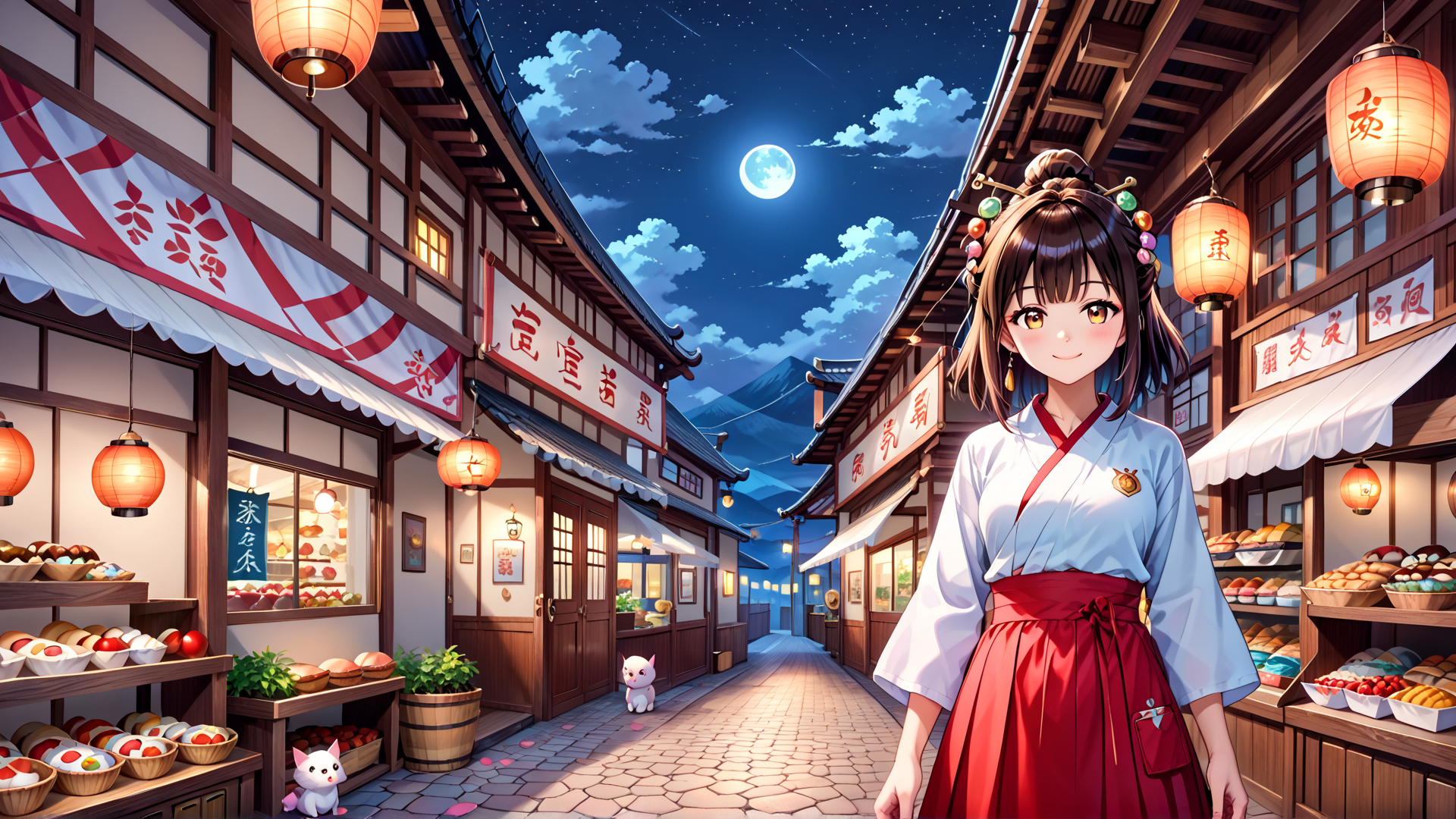 AI generated wallpaper featuring girl, lantern, shop, cat, mountain, moon, street, food, banner, building