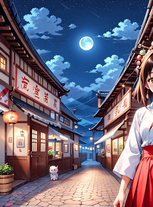girl, lantern, shop, cat, mountain, moon, street, food, banner, building